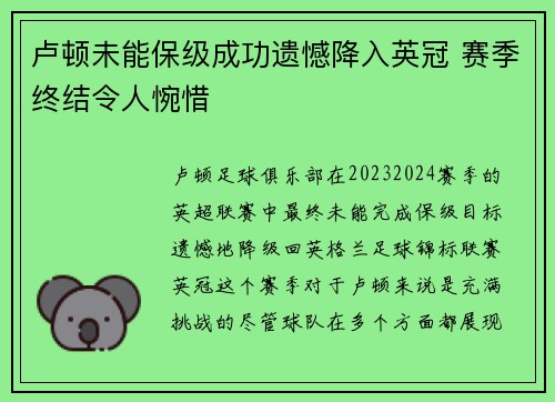 卢顿未能保级成功遗憾降入英冠 赛季终结令人惋惜