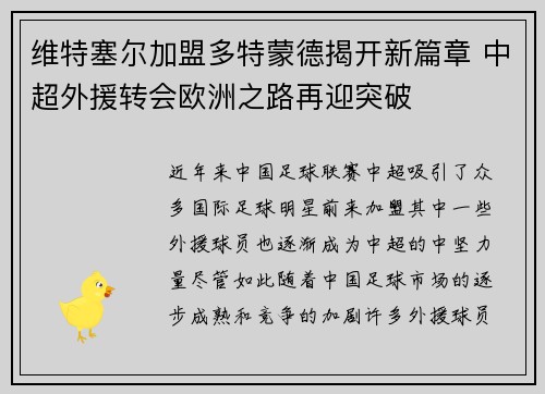 维特塞尔加盟多特蒙德揭开新篇章 中超外援转会欧洲之路再迎突破